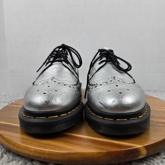Dr. Martens Womens 8 3989 Metallic Silver Leather Brogue Long Wingtip Oxford - Picture 4 of 15